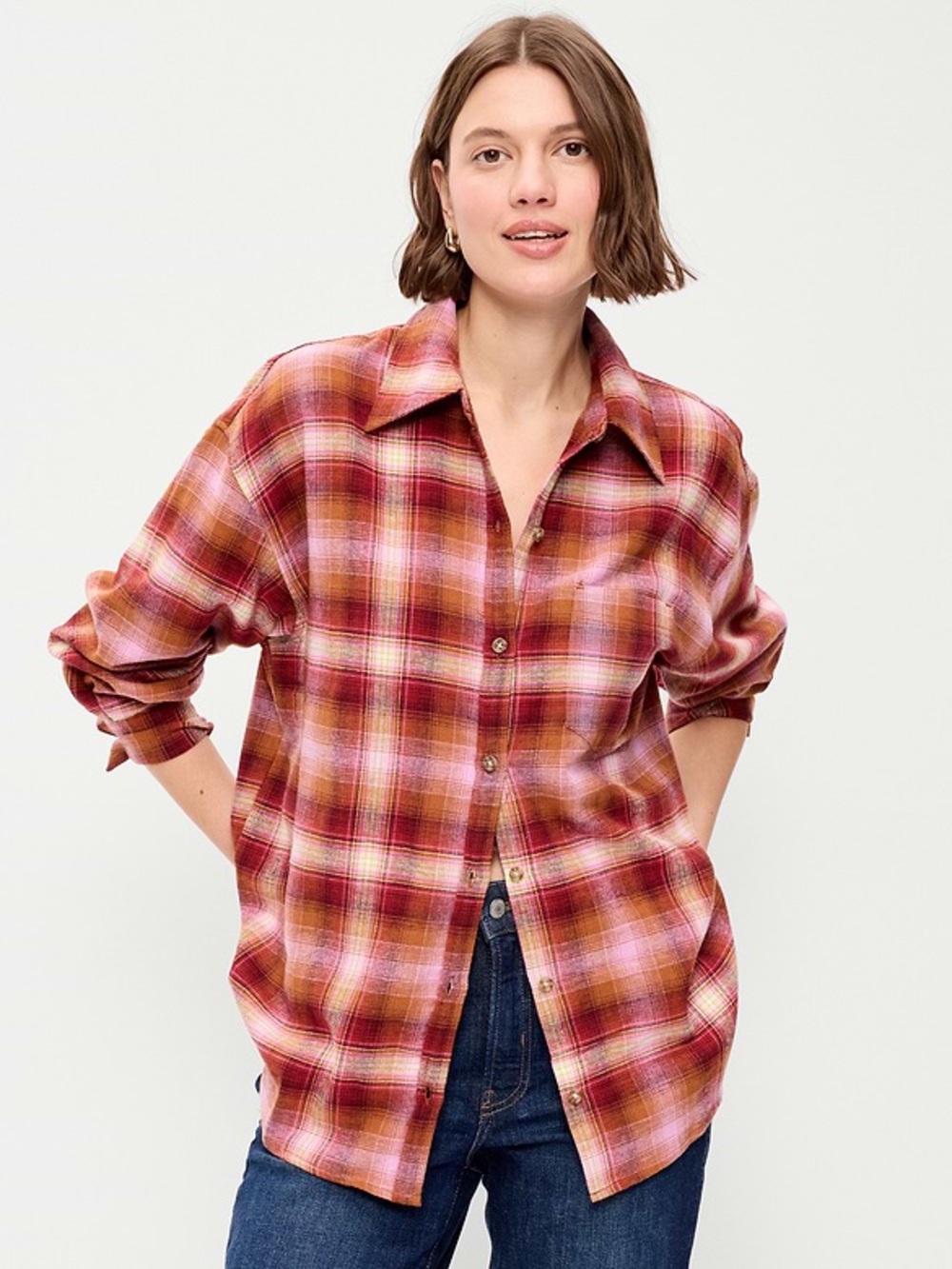 NWT Old Navy Oversized Button-Down Boyfriend Flannel Shirt 100% Cotton Sz Small
